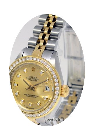 Rolex Ladies Datejust 14k Gold Steel Dia...