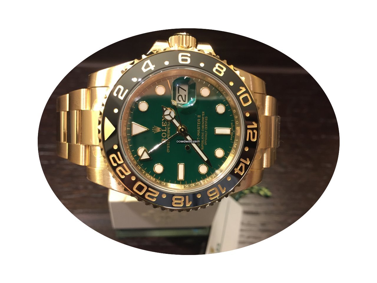 Rolex GMT Master II Yellowgold Green Dia...