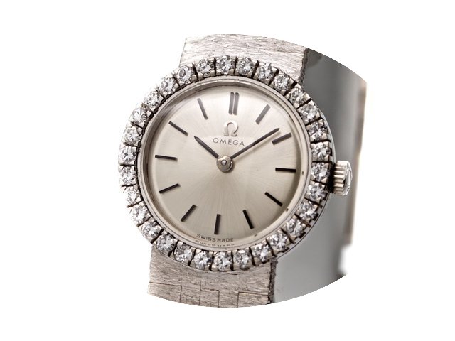 Omega Lady`s Size 22mm 14k White Gold Or...